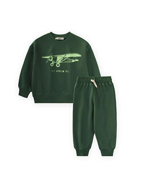 CİGİT Planör Baskılı Sweatshirt Takım 2-10 Yaş Haki Yeşil - S000471317-18547