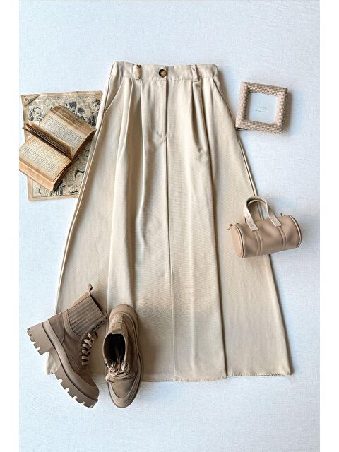 Ceylan Otantik Krem Tek Düğmeli Keten Etek - S000202512-19966