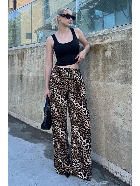 Madmext Bej Ayarlanabilir Bel Leopar Desenli Bol Paça Pantolon Mg2095 - S000210228-19928