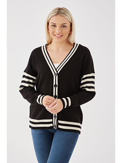 Fashion Friends Regular Fit V Yaka Çizgili Triko Kadın Hırka 24K0511K1 - S000298944-19351