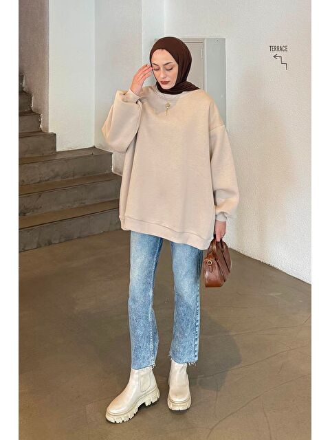 Lamelif Oversize Sweatshirt Krem - S000517842-19966