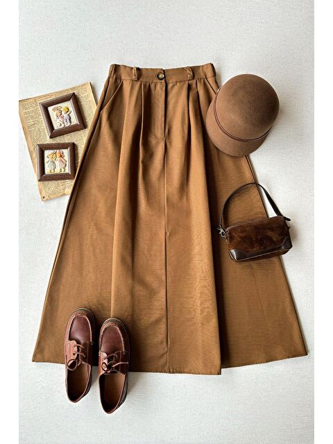 Ceylan Otantik Acı Kahve Tek Düğmeli Keten Etek - S000202512-19413