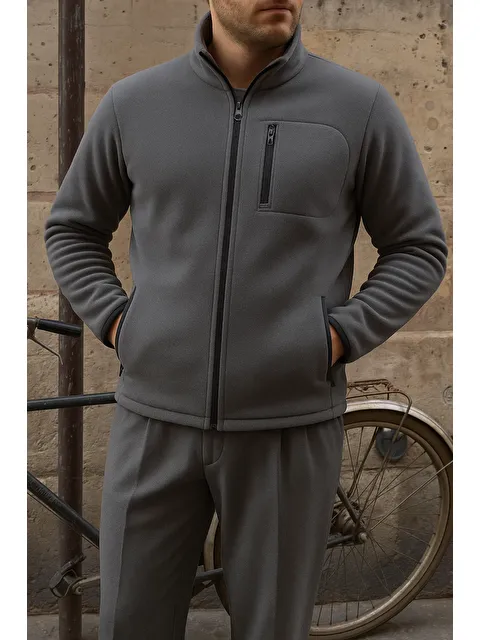 Comstar Erkek Kalın Fermuarlı Kışlık Günlük Füme Polar Ceket