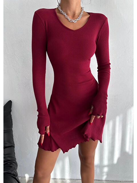 Hazelin Kadın Bordo V Yaka Yandan İp Bağlamalı Kaşkorse Elbise HZL24W-FRY121711 - S000280976-19951