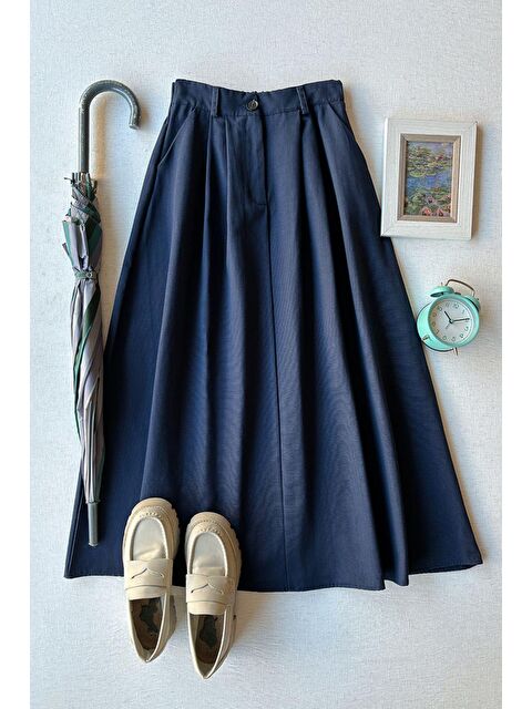 Ceylan Otantik Lacivert Tek Düğmeli Keten Etek - S000202512-21164