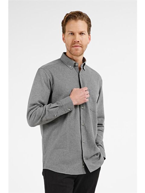 İMZA Füme Düğmeli Yaka Uzun Kol Cepli Comfort Fit Pamuklu Gömlek 1004255234 - S000505551-33408