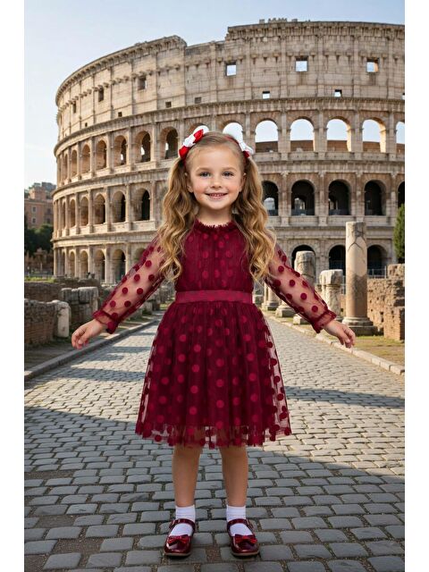 Riccotarz Kız Çocuk Kolları Şeffaf Tüllü Üzeri Benekli İçi Astarlı Bordo Elbise