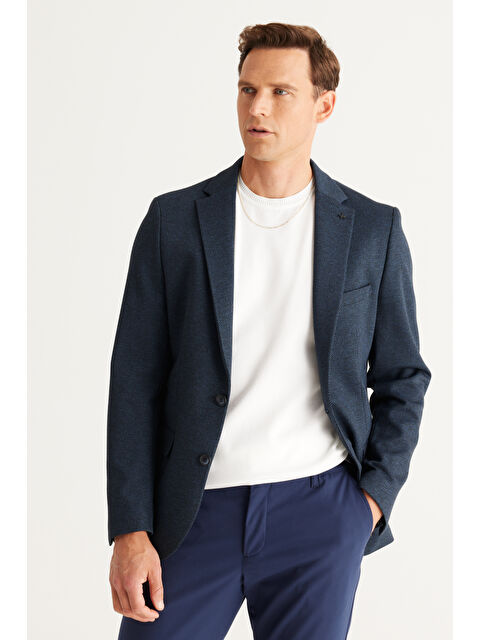 Altınyıldız Classics Erkek Siyah-Lacivert Slim Fit Dar Kesim Mono Yaka Diagonal Desenli Ceket - S000403384-37436