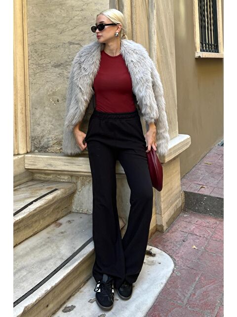 Madmext Siyah Beli Lastikli Yüksek Bel İspanyol Paça Triko Pantolon Mg2211 - S000280970-19351