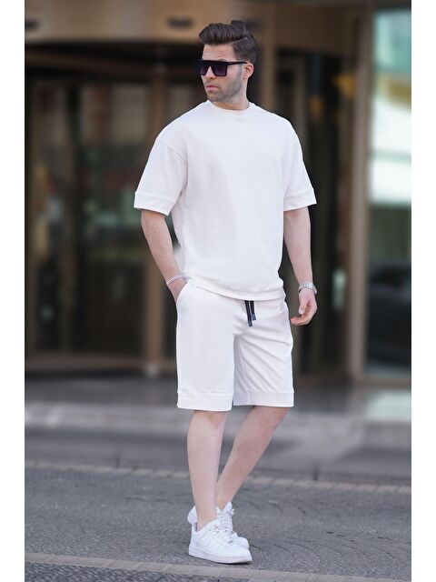 Madmext Ekru Bisiklet Yaka Basic Erkek Şort Takımı 5953 - S000197653-19965