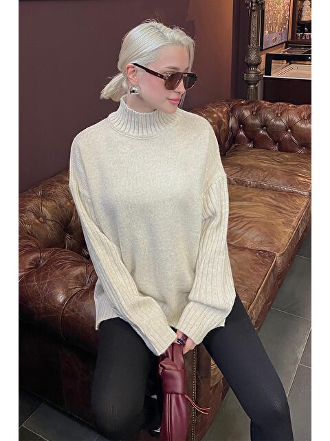 Madmext Ekru Yarım Balıkçı Yaka Fitil Detaylı Kadın Kazak Mg2156 - S000280971-19965