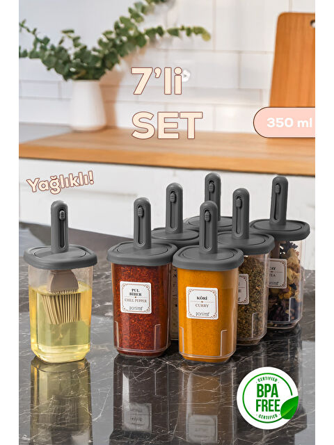 Porsima 4364 7li Kaydırmalı Kaşıklı Sızdırmaz Kapaklı Etiketli Baharatlık Seti - S000453030-29666