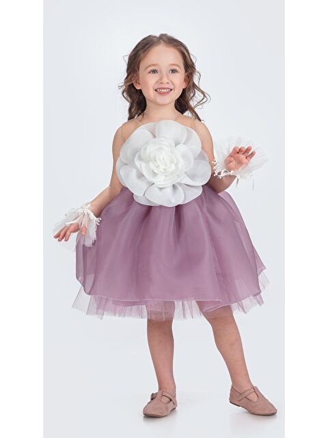 Mnk Baby & Kids Karolin Robası Çiçekli Bilekli Aksesuarlı Kız Çocuk Abiye Elbise M00724 - S000390102-17878