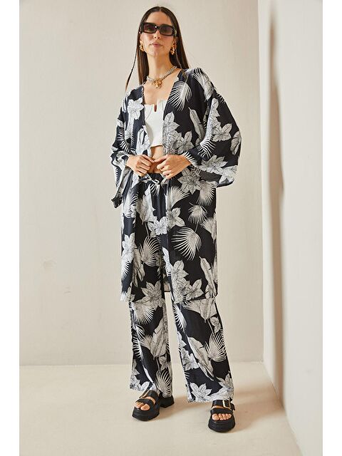 Xhan Siyah Çiçek Desenli Kimono Takım 5YXK8-48600-02 - S000209649-19351