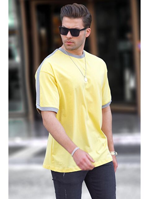 Madmext Erkek Sarı Oversize Şerit Detaylı Basic %100 Pamuk Tişört 7023 - S000210240-20072