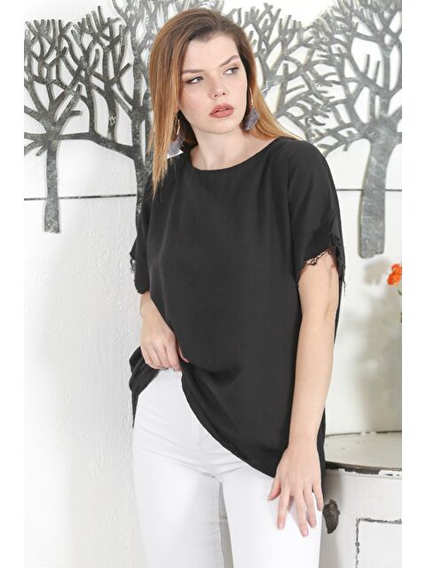 Chiccy İtalyan Siyah Havuz Yaka Düşük Kol Yıkamalı Örme Casual Bluz - S000358635-19351