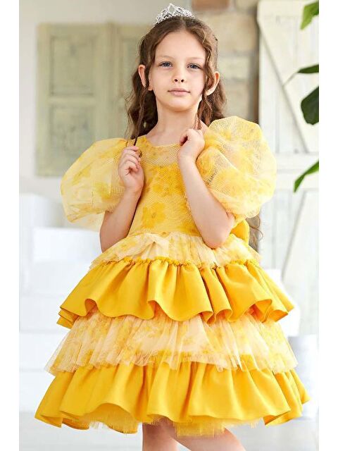 Riccotarz Kız Çocuk Çiçek Detaylı Katkat Fırfırlı Sarı Abiye