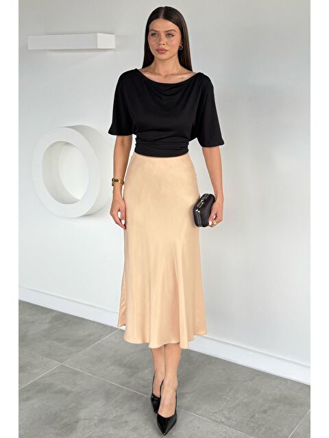 Gülseli Kadın Düz Renk Bel Lastikli Saten Etek