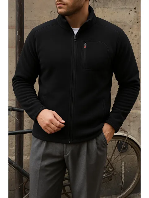 Comstar Erkek Kalın Fermuarlı Kışlık Günlük Siyah Polar Ceket