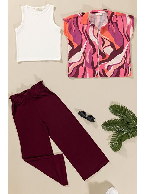 For You Kids 3'Lü Desenli Gömlek Tshirt Pantolon Bordo Takım - S000238458-19951