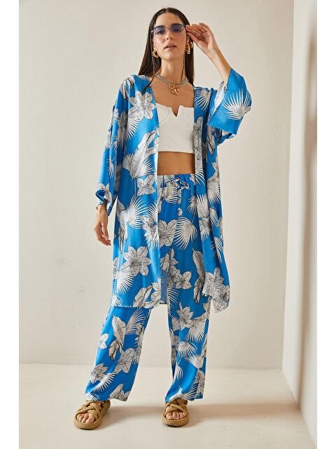 Xhan Mavi Çiçek Desenli Kimono Takım 5YXK8-48600-12 - S000209649-17234
