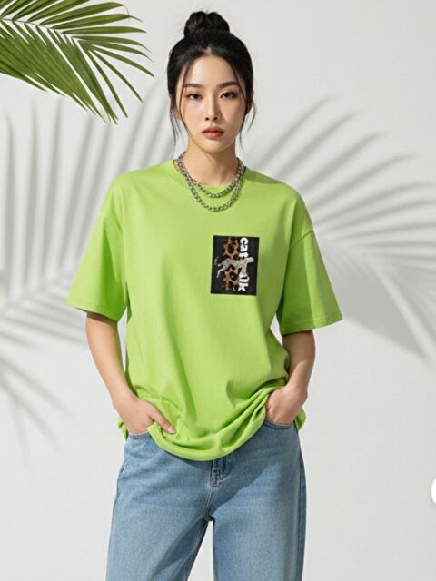 Trendseninle Kadın Lime Catwalk Baskılı Tişört - S000523437-17501