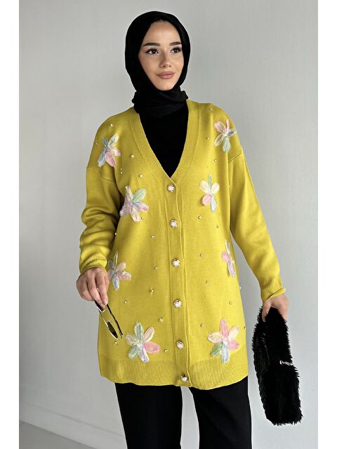 Julude Taş Detaylı Çiçek İşlemeli Tesettür Triko Hırka - S000326620-18194