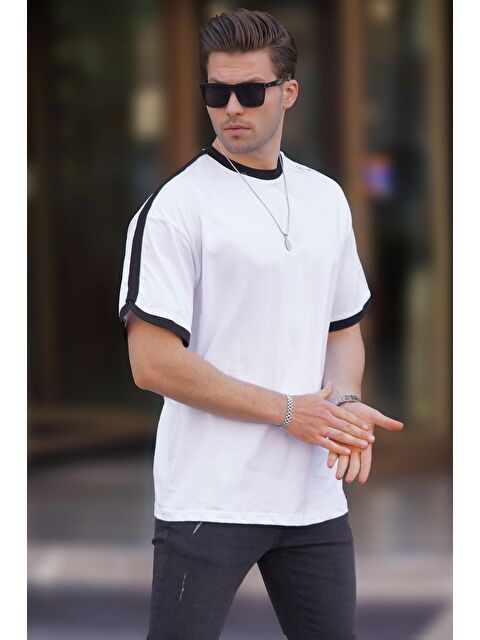 Madmext Erkek Beyaz Oversize Şerit Detaylı Basic %100 Pamuk Tişört 7023 - S000210240-20063