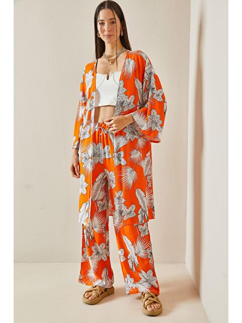 Xhan Turuncu Çiçek Desenli Kimono Takım 5YXK8-48600-11 - S000209649-20013