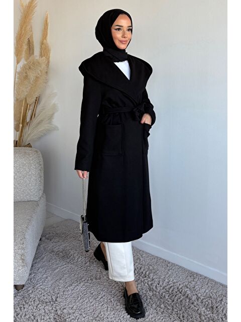Julude Bel Kuşaklı İç Astarlı Kapüşonlu Tesettür Kaban - S000491716-19351