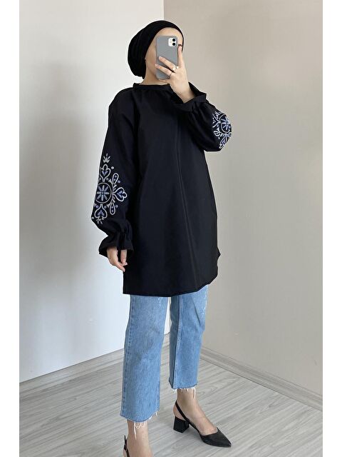Lamelif Kol Nakışlı Tunik Siyah - S000521852-19351
