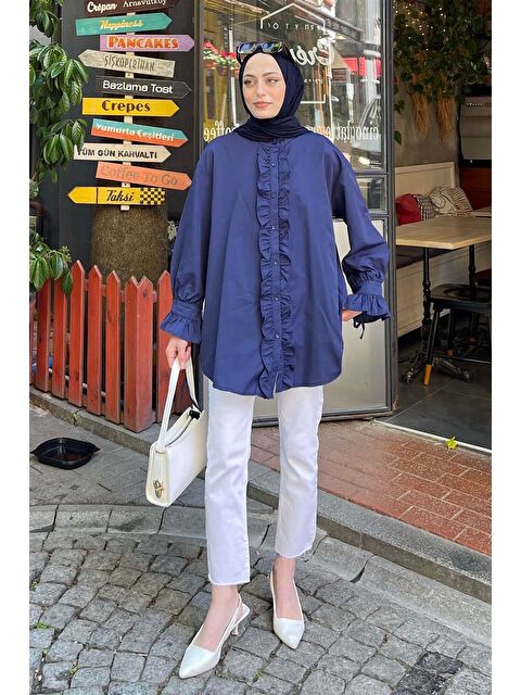 Lamelif Flores Fırfırlı Tunik Lacivert - S000521834-21164