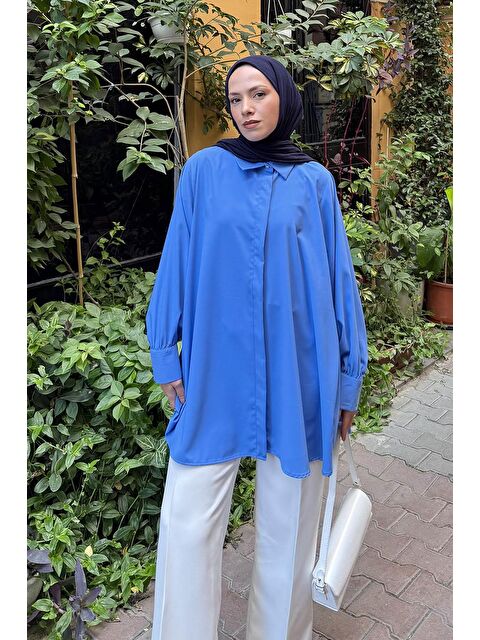 Lamelif Gizli Düğme Detaylı Tesettür Tunik İndigo - S000521874-23093