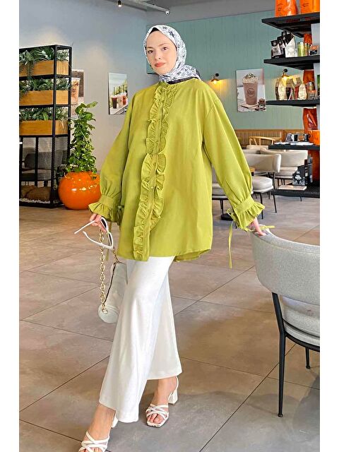 Lamelif Flores Fırfırlı Tunik Yağ Yeşili 2 - S000521834-16580