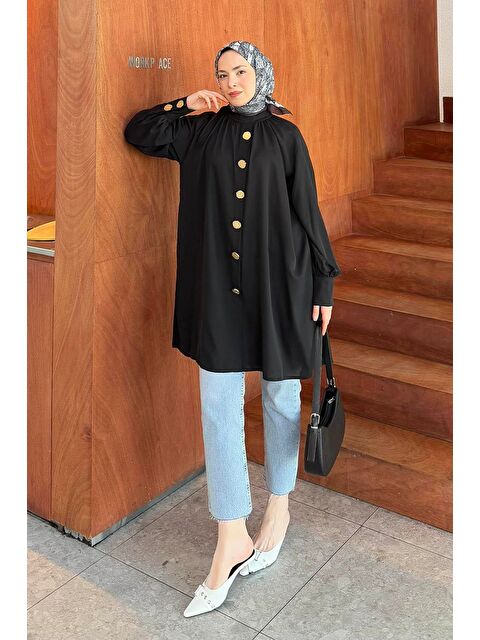 Lamelif Hakim Yaka Gold Düğme Detaylı Tesettür Tunik Siyah - S000521855-19351