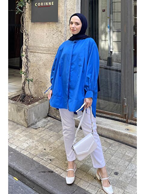 Lamelif Manşeti Biyeli Tunik Saks Mavisi - S000521854-23710