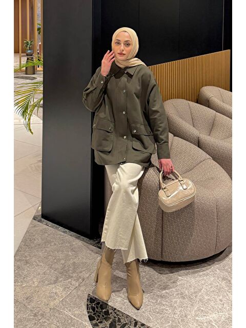 Lamelif Ekose Garnili Ceket Haki - S000518286-18547