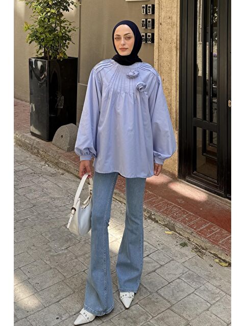 Lamelif Çiçek Detaylı Nervür Bluz Bebe Mavisi - S000521857-3642