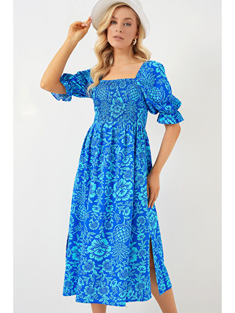 Bigdart 2512 Desenli Yırtmaçlı Elbise - Mavi - S000241653-17234