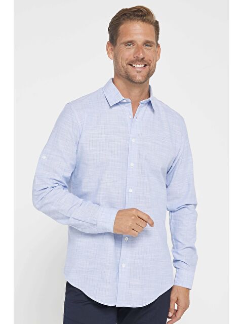 TUDORS Erkek Slim Fit Dar Kesim Uzun Kollu %100 Pamuk Keten Doku Çizgili Gömlek