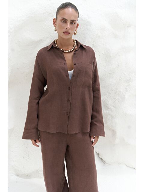 Bohemai Orchidea Oversize Kahve Keten Gömlek Takım - S000393130-19413