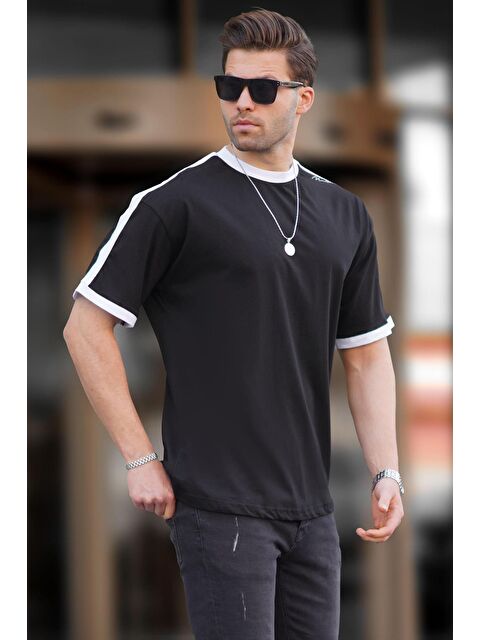 Madmext Erkek Siyah Oversize Şerit Detaylı Basic %100 Pamuk Tişört 7023 - S000210240-19351
