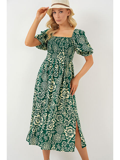 Bigdart 2512 Desenli Yırtmaçlı Elbise - Zümrüt Yeşili - S000241653-18709