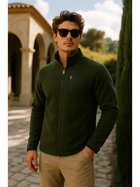 Comstar Erkek Kalın Fermuarlı Kışlık Cepli Haki Polar Ceket