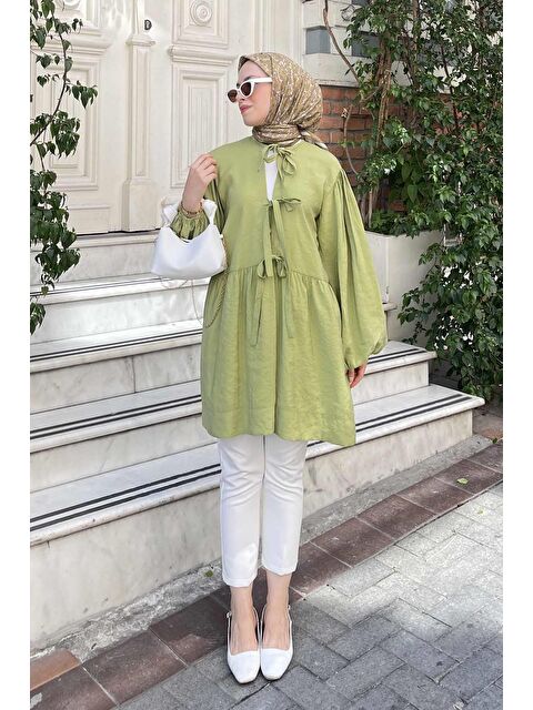 Lamelif Ön Bağlamalı İki Parça Ceket Yağ Yeşili