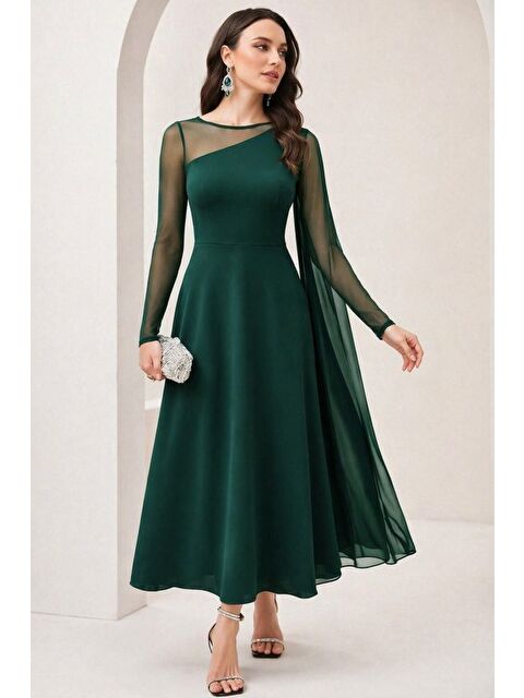 Jane's Kadın Uzun Kollu Yarı Balıkçı Yaka Tül Detaylı Uzun Sandy Elbise