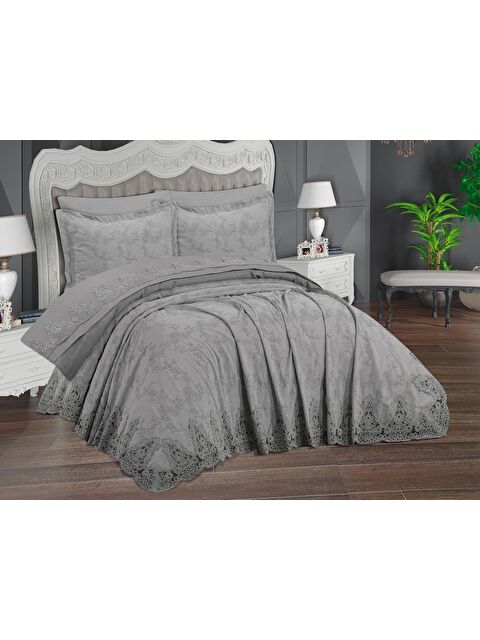 Çeyiz Diyarı Ege 6 Parça Şönil Nakışlı Pike Takımı Gri - S000495697-20600