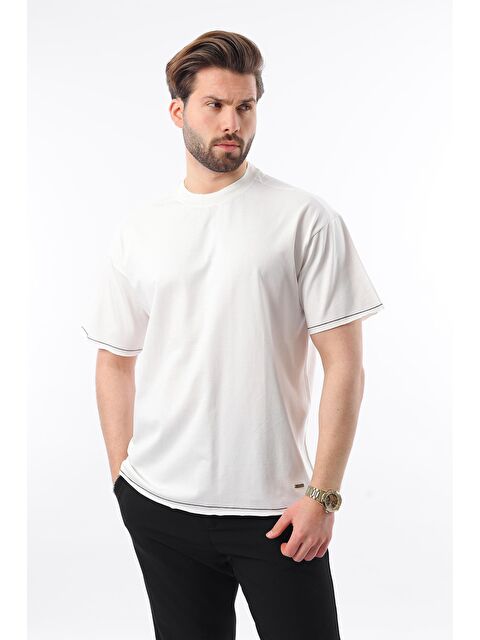 Madmext Ekru Bisiklet Yaka Basic Erkek %100 Pamuk Tişört E7105 - S000353450-19965