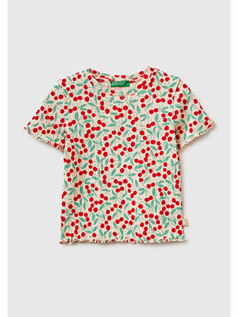 United Colors Of Benetton Kız Çocuk Yeşil-Kırmızı Logolu Baskılı Fırfır Detaylı Ribanalı Bisiklet Yaka T-Shirt