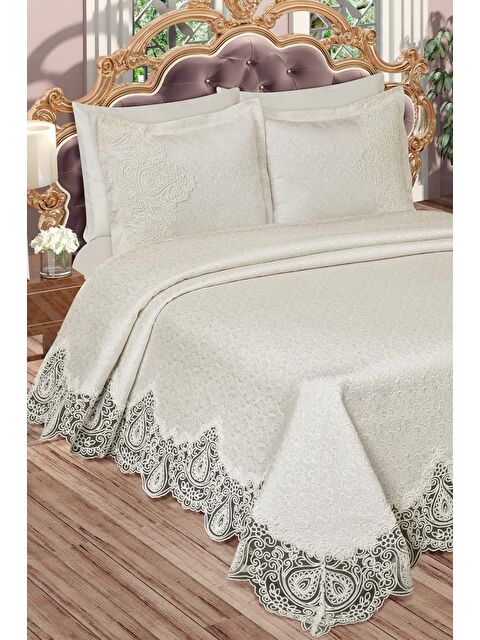 Çeyiz Diyarı Farah Brokar Güpürlü Pike Takımı Krem - S000495708-19966